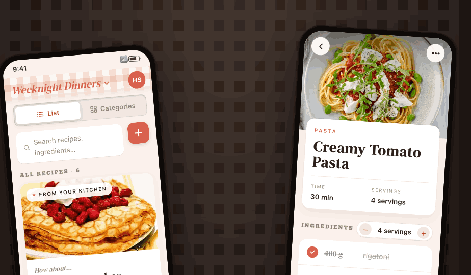 The ReciMate app showing a cookbook's recipe list and a recipe with ingredients